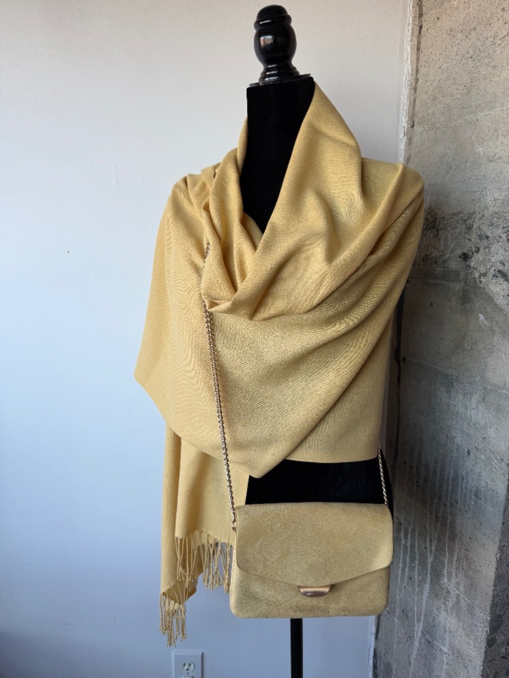 H&M Butter Yellow Faux Suede Crossbody Bag + Matching Fringe Scarf Set Gold Chai